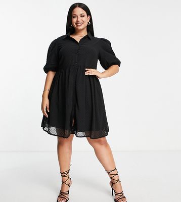 Missguided Plus puff sleeve shirt smock dress in black