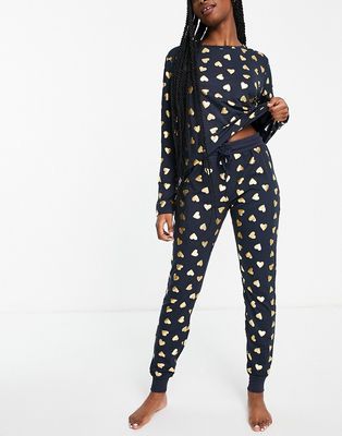 Chelsea Peers foil heart short button up pajama set in navy