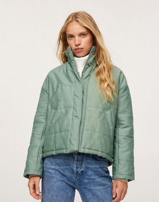 Mango quilted zip up bomber jacket in green