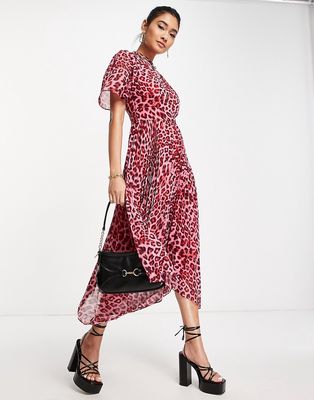 Whistles short sleeve pleated midi dress in pink leopard