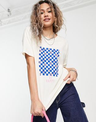 Noisy May checkerboard print cropped T-shirt in cream-White