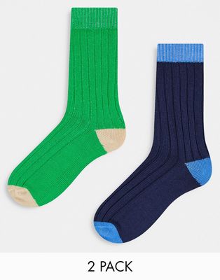 ASOS DESIGN 2 pack ribbed ankle socks in bottle green and navy-Multi
