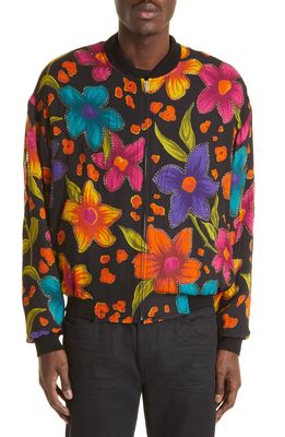 Saint Laurent Teddy Floral Crepe Jacket in Black/Multi