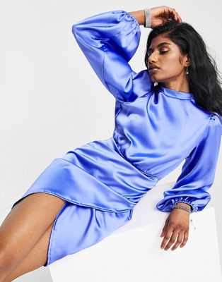 Flounce London wrap front mini dress with high neck in cobalt blue