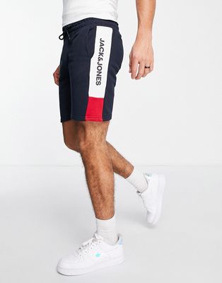 Jack & Jones Essentials slim jersey shorts in color block with logo in navy