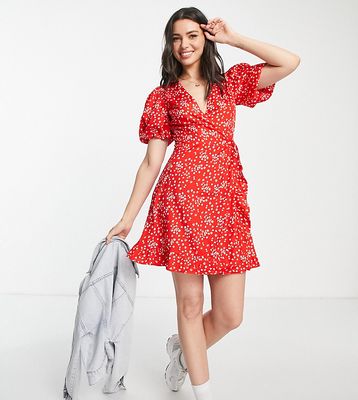Influence Tall puff sleeve wrap dress in red floral