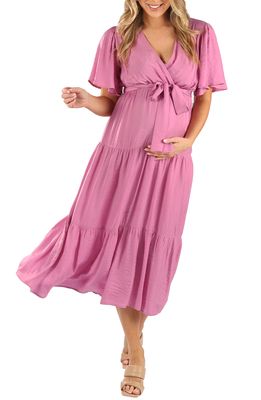 Angel Maternity Crossover Faux Wrap Maternity Maxi Dress in Pink