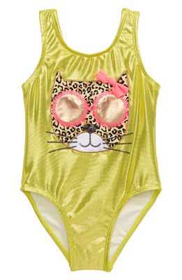Flapdoodles Kids' Leopard Face Applique One-Piece Swimsuit in Gold