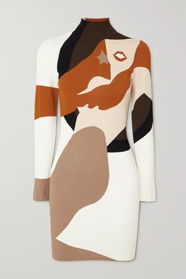 Fendi - Intarsia-knit Turtleneck Mini Dress - Brown