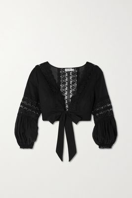 Charo Ruiz - Vania Cropped Tie-front Guipure Lace-trimmed Cotton-blend Voile Wrap Top - Black