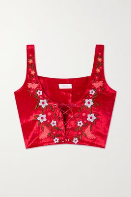 ERL - Cropped Lace-up Embroidered Velvet Vest - small