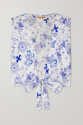 Emporio Sirenuse - Sonia Cropped Bow-detailed Printed Cotton-poplin Top - Blue