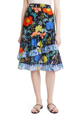 KOBI HALPERIN Ada Floral Ruffle Cotton & Silk Skirt in Black Multi