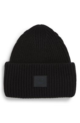 Acne Studios Pansy Face Patch Rib Wool Beanie in Black