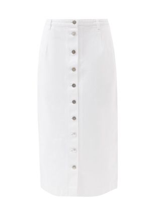 Raf Simons - Logo-patch Buttoned Denim Midi Skirt - Womens - White