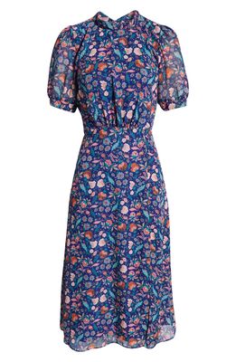 Julia Jordan Floral Print Puff Sleeve Midi Dress in Navy Multi
