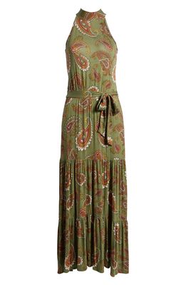 Loveappella Paisley Halter Maxi Dress in Olive