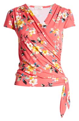 Loveappella Floral Faux Wrap Top in Coral