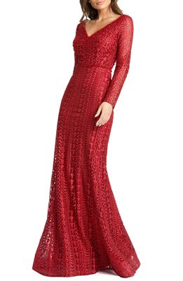Mac Duggal Long Sleeve Lace Trumpet Gown in Burgundy