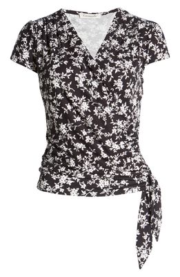 Loveappella Floral Print Faux Wrap Top in Black