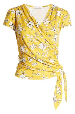 Loveappella Floral Print Faux Wrap Top in Sunflower