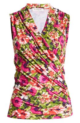 Loveappella Floral Sleeveless Faux Wrap Top in Fuschia