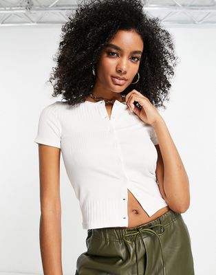 French Connection short sleeve button front top in mixed knit-White