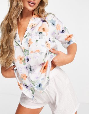 River Island floral pajama shirt in white