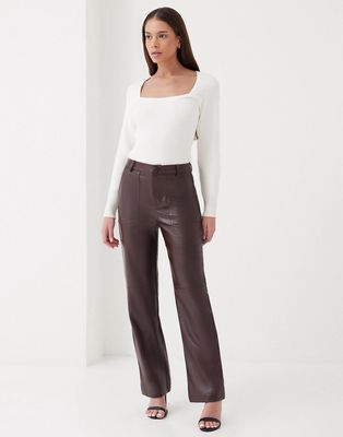 4th & Reckless high waisted PU straight leg pants in truffle-Brown