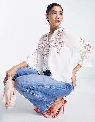 French Connection tie front blouse with floral embroidery-White