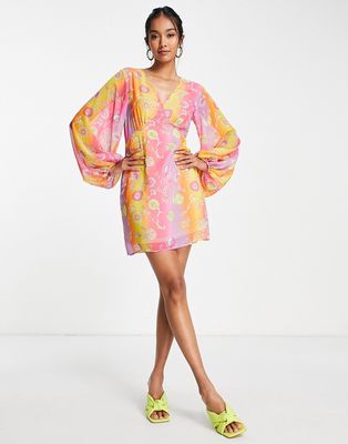Never Fully Dressed balloon sleeve mini dress in ombre stripe floral-Multi