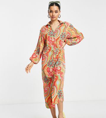 Vila Petite oversized midi shirt dress with volume sleeve in bright retro floral print-Multi