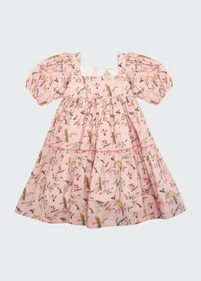 Girl's Poplin Floral Bird-Print Dress, Size 4-14