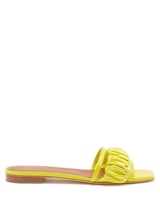 Malone Souliers - Demi Leather And Gathered-satin Slides - Womens - Yellow