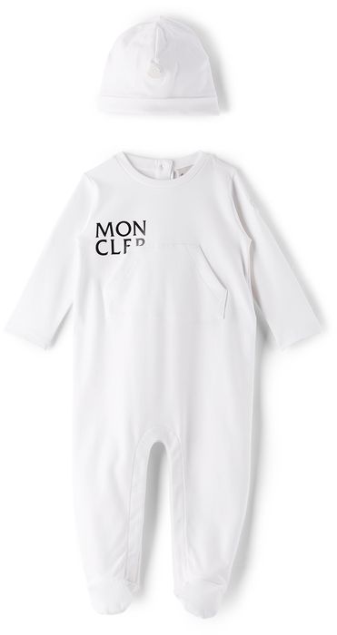 Moncler Enfant Baby White Jumpsuit & Beanie Set