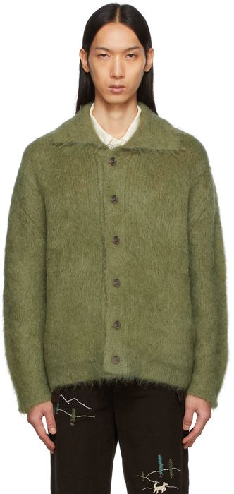 Bode Green Hand Carded Mohair Cardigan