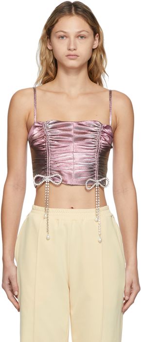 AREA Pink Crystal Bow Ruched Camisole