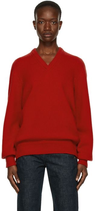 Lemaire Red Seamless V-Neck Sweater