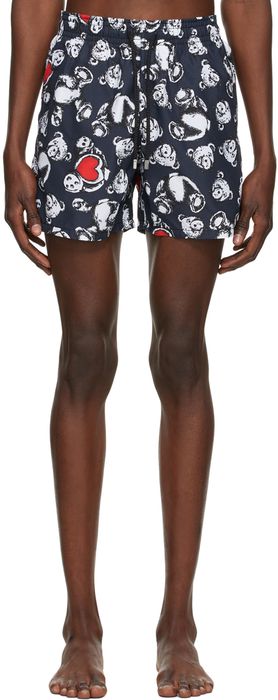 Palm Angels Navy Bear In Love Swim Shorts