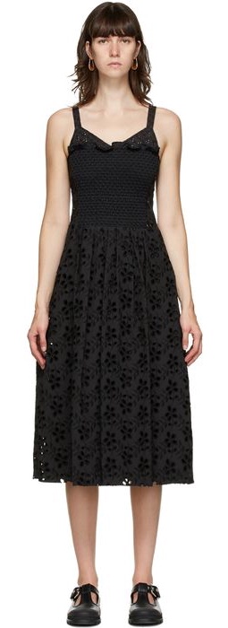 Marina Moscone Black Smocked Mid-Length Dress