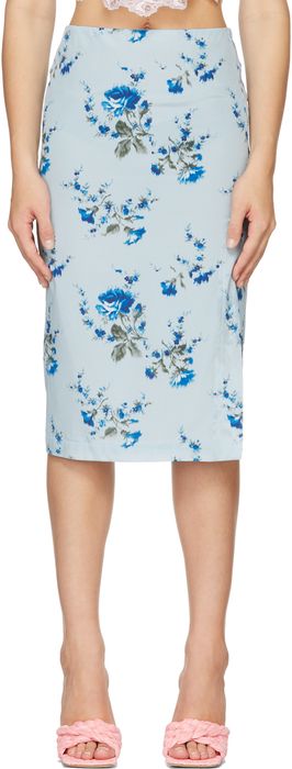 Blumarine Blue Silk Crepe De Chine Rose Skirt