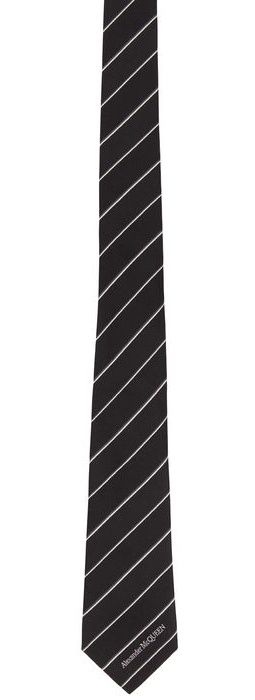Alexander McQueen Black & White Silk Ruled Logo Tie