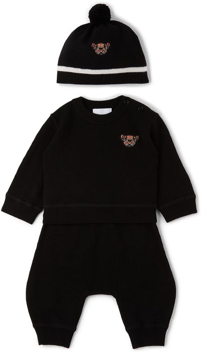 Burberry Baby Black Merino Wool Thomas Bear Motif Set