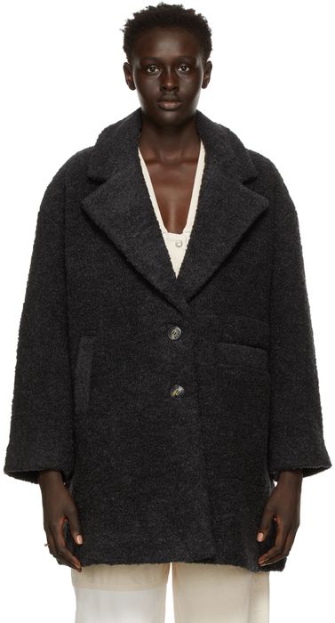 GANNI Grey Recycled Wool Boucle Long Wrap Coat