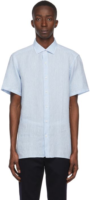 Ermenegildo Zegna Blue Linen Short Sleeve Shirt