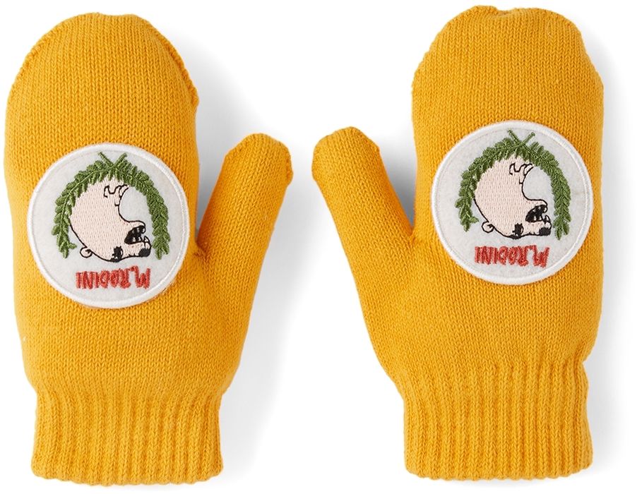 Mini Rodini Kids Yellow Knit Polar Bear Gloves
