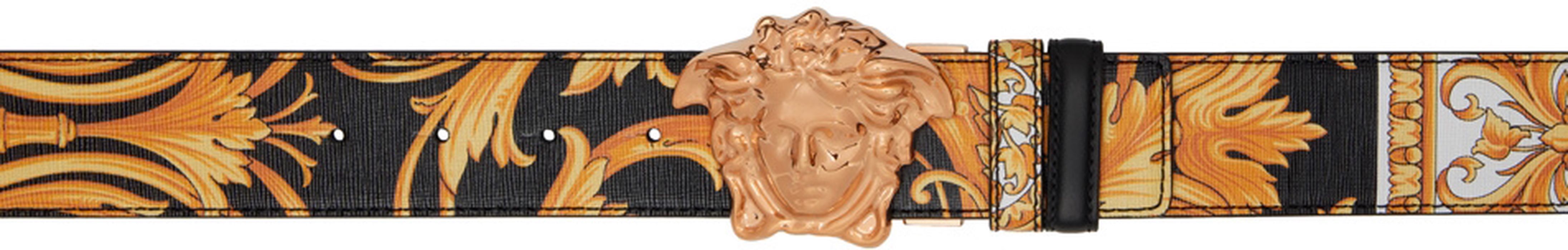 Versace Black & Gold Barocco Print Belt
