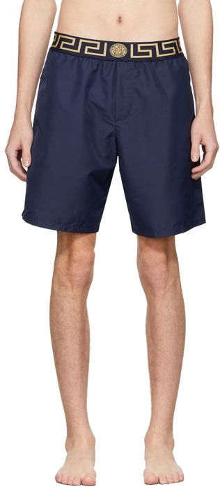 Versace Underwear Navy Mid-Length Greca Border Swim Shorts