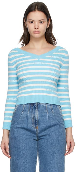 MSGM Blue & White Striped Jacquard Logo V-Neck Sweater