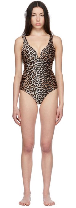 GANNI Brown & Black Leopard V-Neck One-Piece Swimsuit